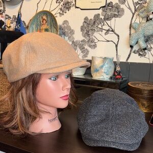 EUC Gray and camel wool-blend newsboy or flat caps. Hats. Camel color has elasti